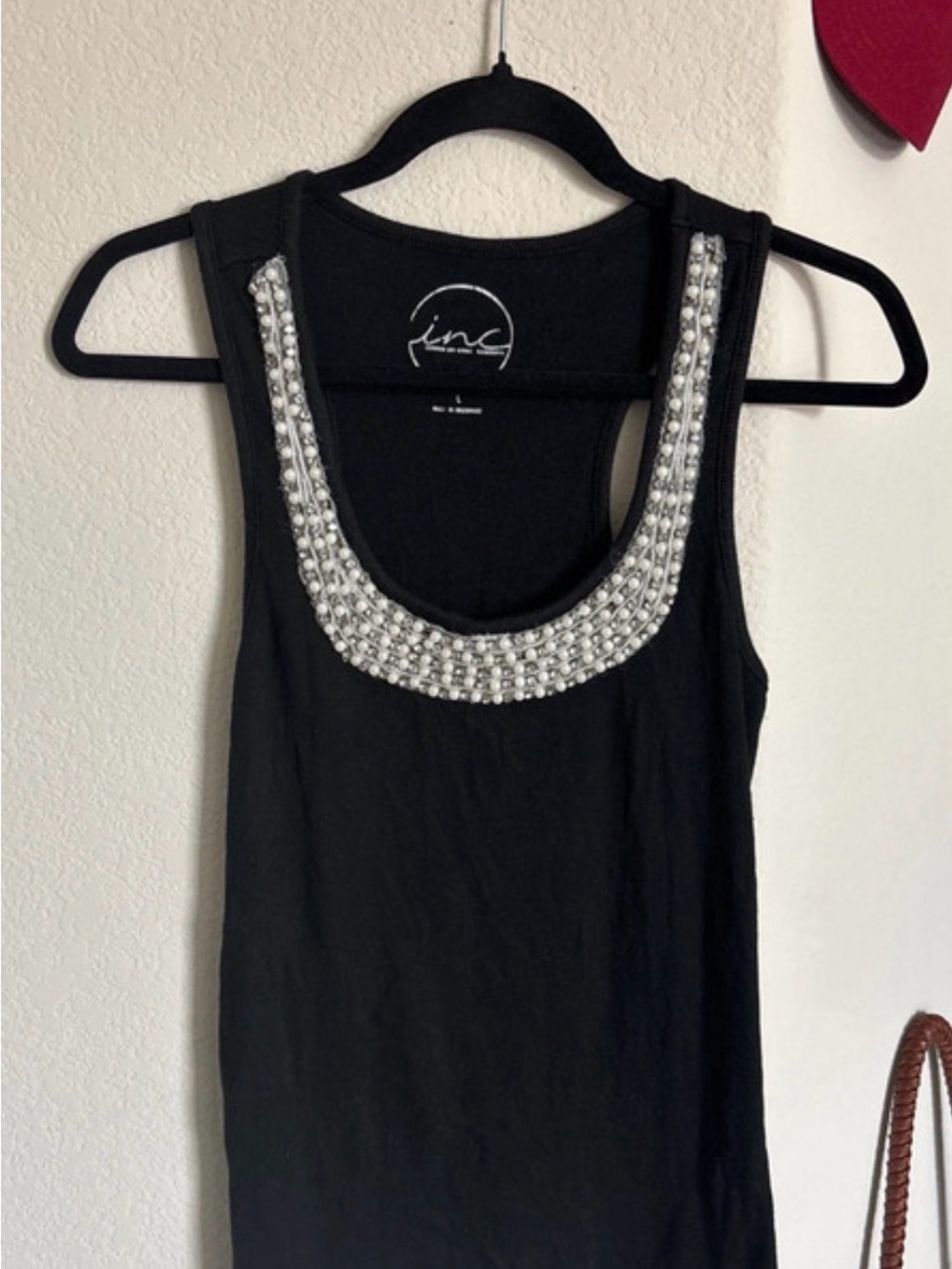 INC International Concepts Black Tank with Crystal-Trim Scoop Neck